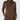 A woman wearing a brown mock-neck long-sleeve top, matching brown pants, and brown knit gloves with faux-fur trim, paired with a beige knit beanie.