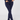 A person wearing dark navy blue golf leggings with side slit details, standing barefoot.