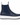 A navy blue Chelsea-style ankle boot with a textured leather upper, elastic side gore, pull tabs, and a chunky white platform sole, shown from a side profile.