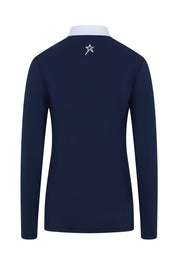 Back view of the white and navy blue long sleeve polo shirt.