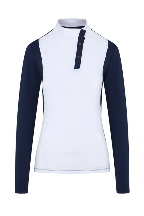 Front view of a white and navy blue long sleeve polo shirt with button placket.