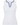 Front of white sleeveless top with a small blue polka dot pattern and a blue scalloped V-neckline trim.