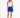 A woman modeling a sleeveless golf white mesh top and a royal blue skirt, featuring blue and white trim details, paired with white sneakers.