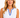 A blonde woman wearing a sleeveless white top with a blue polka dot pattern and a blue scalloped V-neck trim.