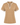 Front of a short-sleeve tan top with a white polka dot pattern and white scalloped trim around the split neckline and sleeve cuffs.
