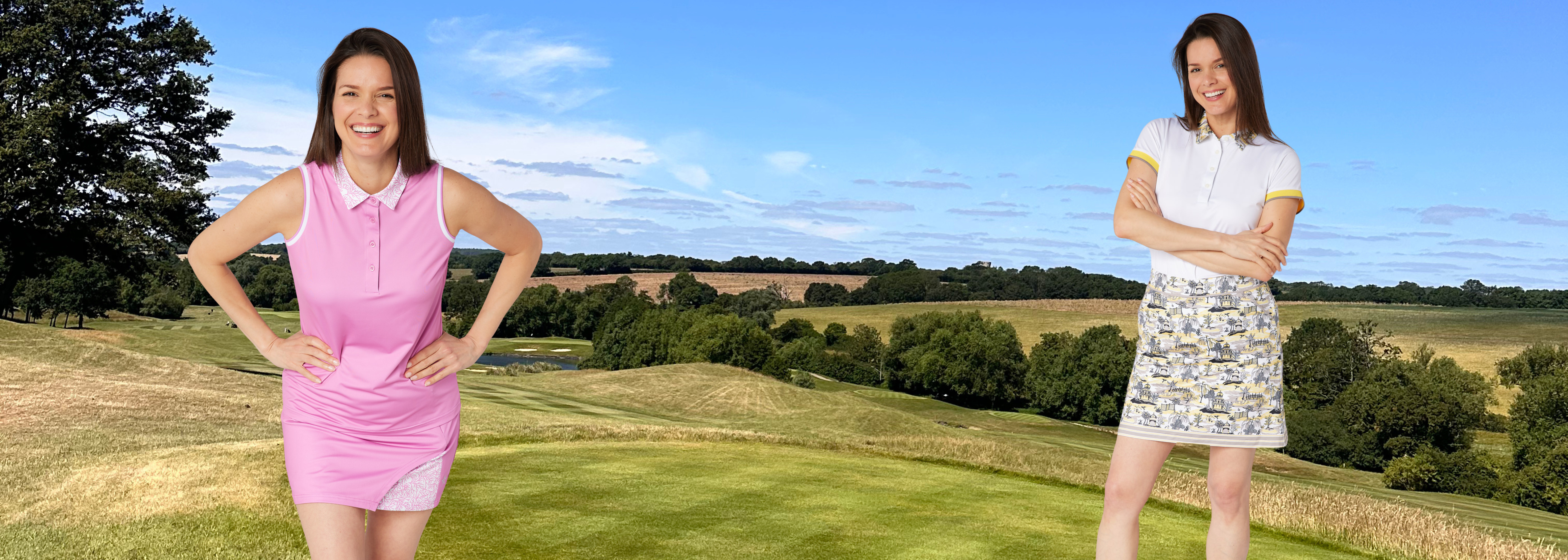 Two women posing outdoors on a golf course with rolling green hills, trees, and a blue sky. The woman on the right wears a white polo shirt with yellow sleeves and a patterned golf skort and the woman on the left wears a pink sleeveless polo dress.